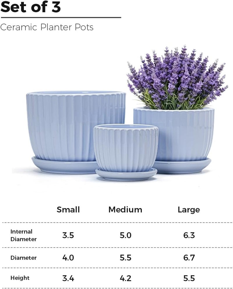 Ton Sin Sky Blue Ceramic Flower Pots, 4"+5"+6" Inch Small Succulent Planters with Drainage Hole,Modern Indoor Decorative Plant Pots Set of 3,Garden Pots with Saucer(Blue) - Image 3